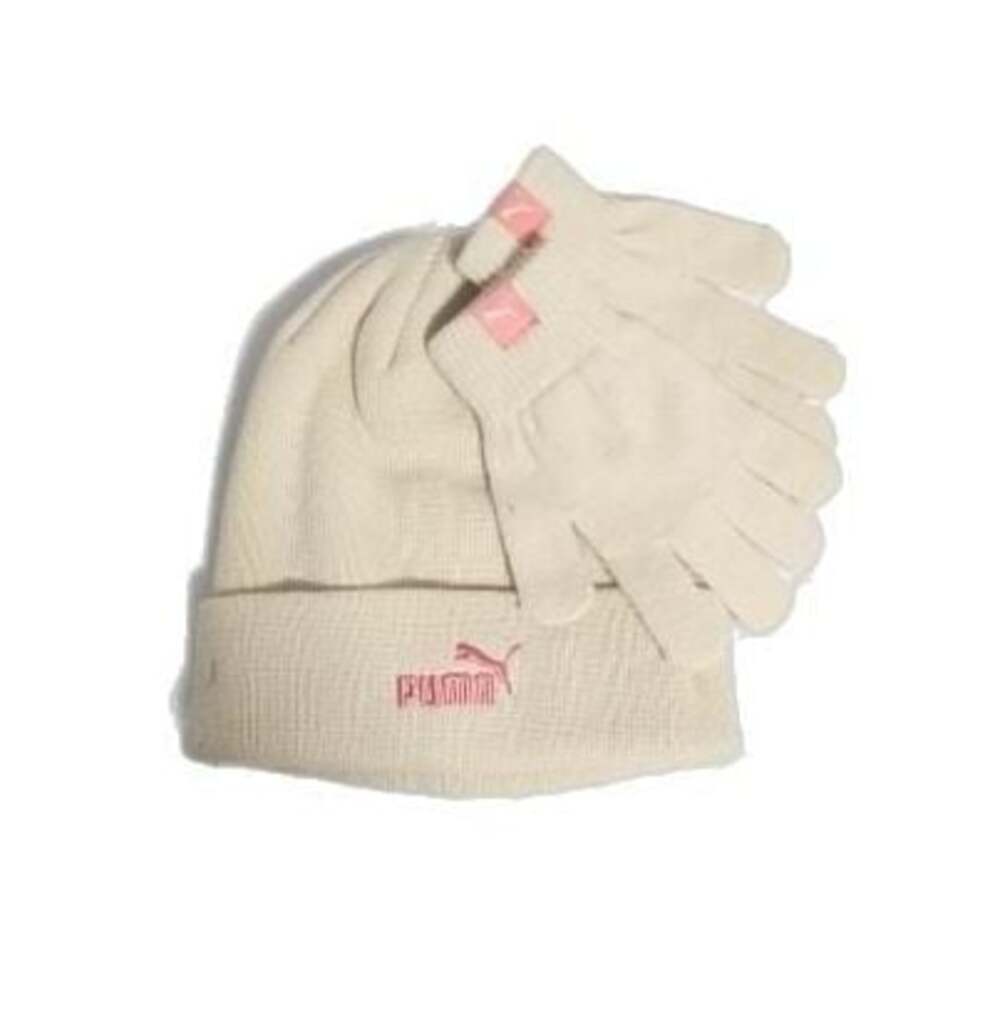 Puma Women's Knit Beanie and Gloves Set in Cream with Pink Logo NEW